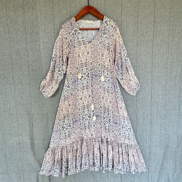 Roller Rabbit Odila Odaya Filigree Print Long Sleeves Tiered Maxi Dress Size S - Picture 1 of 12